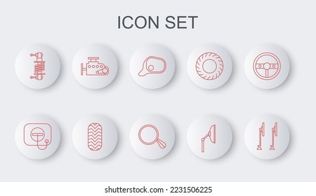 Set line Windscreen wiper, Oil filler cap at gas station, Car mirror, Shock absorber, engine, tire and  icon. Vector