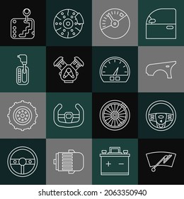 Set line Windscreen wiper, Steering wheel, Car fender, Speedometer, engine, Gear shifter,  and  icon. Vector
