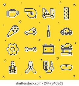 Set line Windshield, Repair car on a lift, Speedometer, Tow truck, Auto service check automotive, Timing belt kit, Check engine and Screwdriver icon. Vector