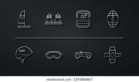 Set line Windsurfing, Bicycle helmet, Rugby ball, Vintage sport racing car, Ski goggles, Snowboard, Knee pads and First aid kit icon. Vector