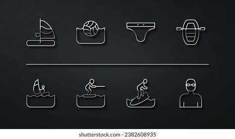 Fija la línea Windsurf, Barco con remos, Surfboard, ski acuático, polo, nadador y baúles de natación. Vector