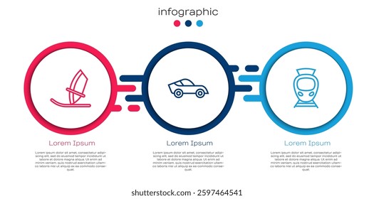 Set line Windsurfing, Car and Tram and railway. Business infographic template. Vector