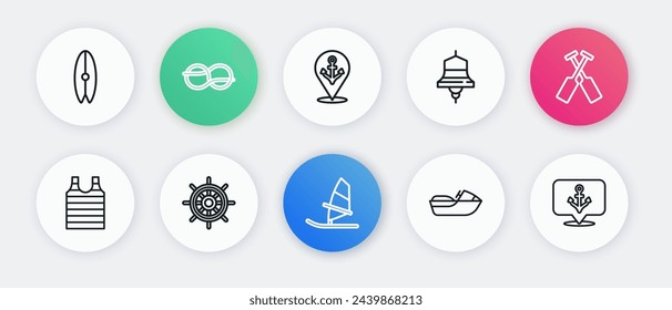 Set line Windsurfing, Crossed oars or paddles boat, Striped sailor t-shirt, Jet ski, Ship bell, Location with anchor, Anchor and steering wheel icon. Vector