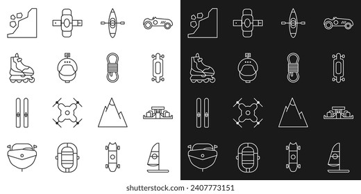 Set line Windsurfing, Formula 1 racing car, Longboard skateboard, Kayak canoe, Helmet and action camera, Roller, Landslide and Climber rope icon. Vector