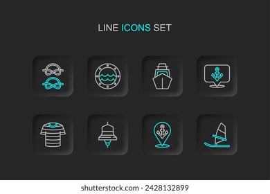 Set line Windsurfing, Location with anchor, Ship bell, Striped sailor t-shirt, Anchor, Yacht sailboat, porthole and Nautical rope knots icon. Vector