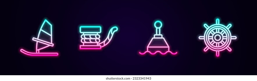 Set line Windsurfing, Marine bollard with rope, Floating buoy and Ship steering wheel. Glowing neon icon. Vector