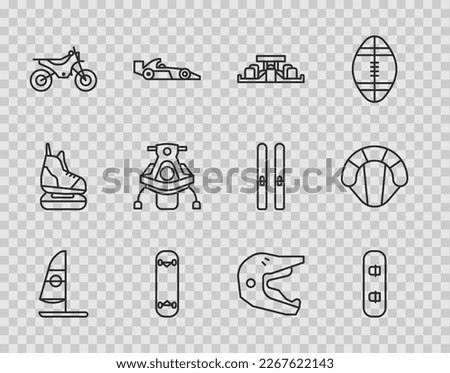 Set line Windsurfing, Snowboard, Formula 1 racing car, Skateboard trick, Mountain bike, Snowmobile, Motocross motorcycle helmet and Parachute icon. Vector