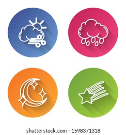 Set line Windy weather, Cloud with rain, Moon and stars and Falling star. Color circle button. Vector