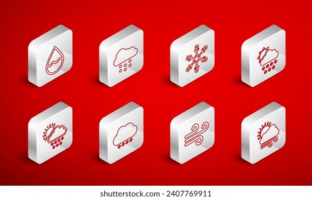 Set line Windy weather, Cloud with snow, Snowflake, and sun, Water drop,  and  icon. Vector