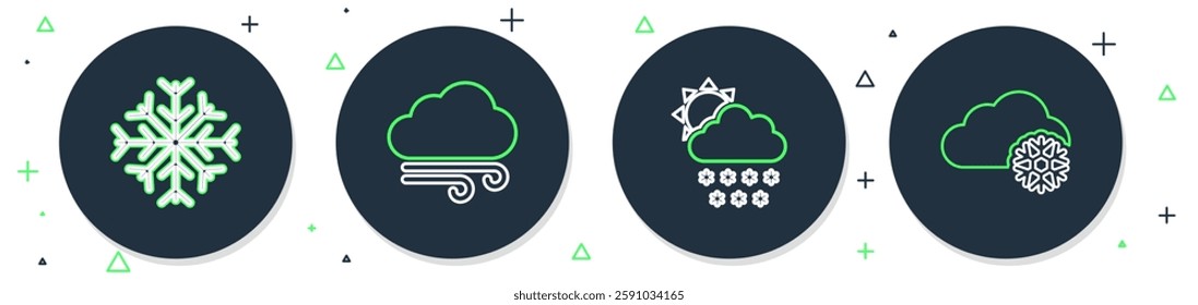 Set line Windy weather, Cloud with snow and sun, Snowflake and  icon. Vector