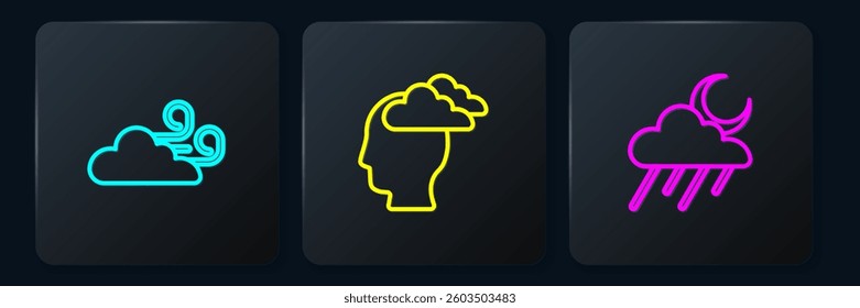 Set line Windy weather, Cloud with rain and moon and Man having headache. Black square button. Vector