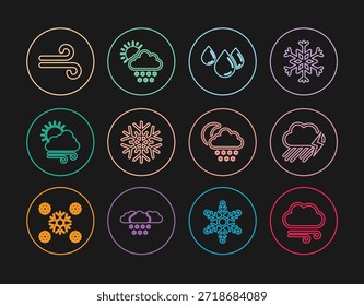 Clima ventoso, nube con la lluvia y el relámpago, gota de agua, copo de nieve, luna de nieve y el icono del sol. Vector