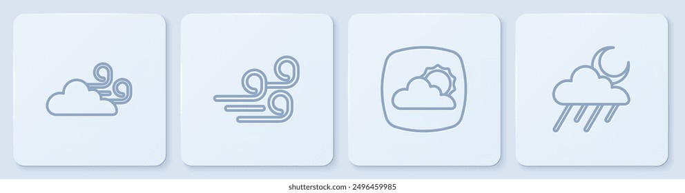 Set line Windy weather, Weather forecast,  and Cloud with rain and moon. White square button. Vector