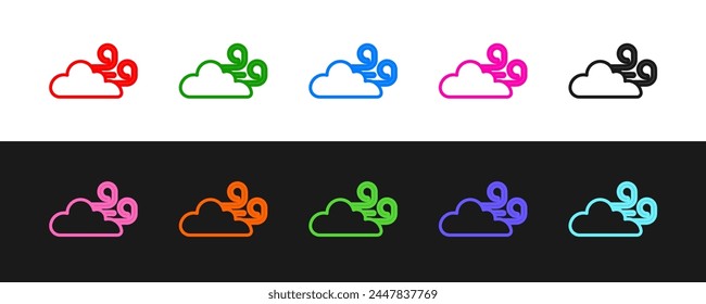 Set line Windy weather icon isolated on black and white background. Cloud and wind.  Vector