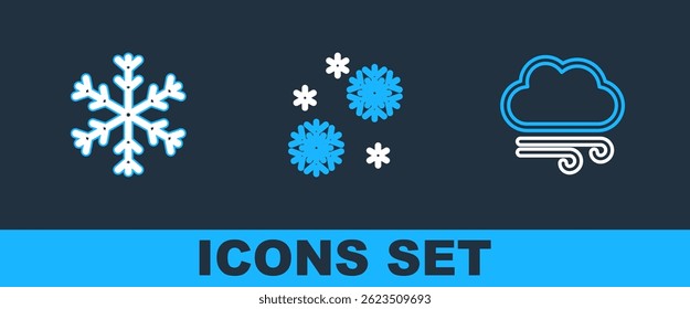 Set line Windy weather, Snowflake and  icon. Vector