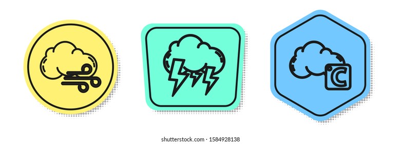 Set line Windy weather, Storm and Celsius and cloud. Colored shapes. Vector