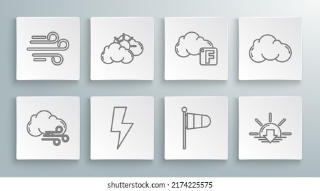 Set line Windy weather, Sun and cloud, Lightning bolt, Cone meteorology windsock wind vane, Sunset, Fahrenheit, Cloud and  icon. Vector