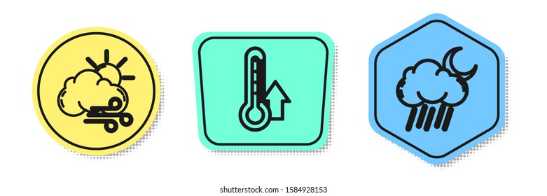 Set line Windy weather, Thermometer and Cloud with rain and moon. Colored shapes. Vector
