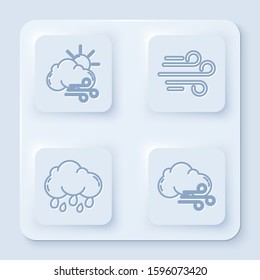 Set line Windy weather, Wind, Cloud with rain and Windy weather. White square button. Vector