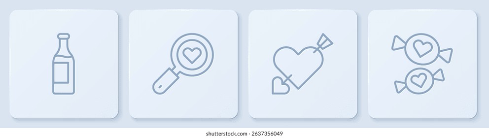 Set line Wine bottle, Amour with heart and arrow, Search love and Candy. White square button. Vector