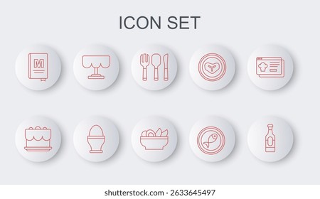 Set line Wine bottle, Cake, Fork, spoon and knife, Served fish plate, Restaurant cafe menu, Wooden table, Chicken egg stand and Nachos icon. Vector
