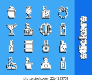 Set line Wine bottle, Champagne and glass, Cocktail Bloody Mary, Beer beer can, Whiskey, Martini, shaker and Wooden barrel icon. Vector
