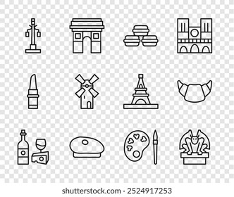 Set line Wine bottle with cheese, Gargoyle on pedestal, Macaron cookie, French beret, Street light, Windmill, Paint brush palette and Croissant icon. Vector