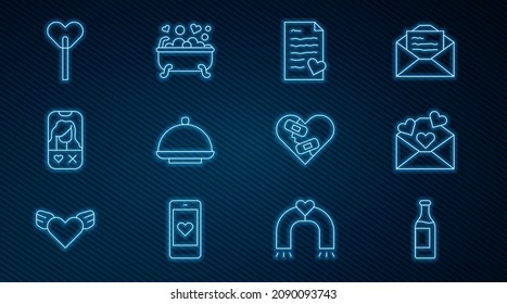 Set-Line Weinflasche, Umschlag mit Valentinherz, Bedeckter Tray, Dating App online, Lollipop, geheilte und romantische Badezimmersymbol. Vektorgrafik