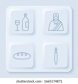 Set line Wine bottle with glass, Jesus Christ, Bread loaf and Paint brush. White square button. Vector