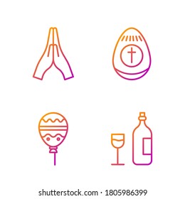 Set line Wine bottle with glass, Balloons with ribbon, Hands in praying position and Easter egg. Gradient color icons. Vector