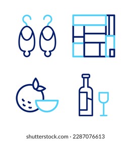 Set line Wine bottle with glass, Orange fruit, House Edificio Mirador and Earrings icon. Vector
