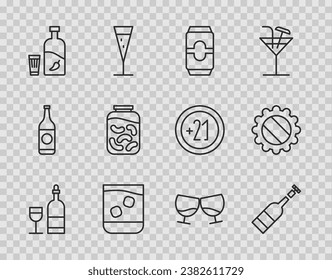 Set line Wine bottle with glass, Opened of wine, Beer can, Glass whiskey, Vodka pepper and, Pickled cucumbers jar, cognac or brandy and Bottle cap icon. Vector
