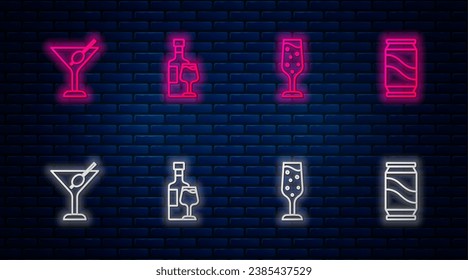 Set line Wine bottle with glass, Glass of champagne, Martini and Beer can. Glowing neon icon on brick wall. Vector