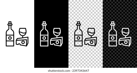 Set line Wine bottle with glass and cheese icon isolated on black and white background. Romantic dinner.  Vector