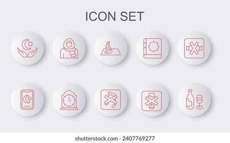 Set line Wine bottle with glass, Star and crescent, Muslim man prays, No alcohol, woman hijab, Clock and Speaker mute icon. Vector
