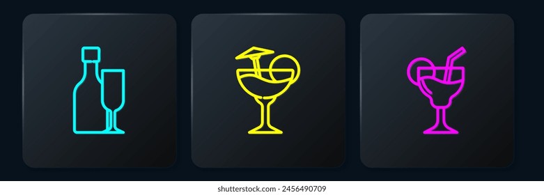 Set line Wine bottle with glass, Cocktail and . Black square button. Vector