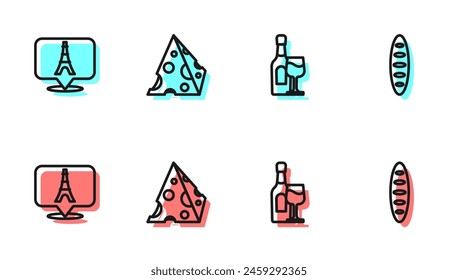 Set line Wine bottle with glass, Eiffel tower, Cheese and French baguette bread icon. Vector