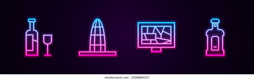 Set line Botella de vino con vidrio, torre Agbar, arte pictórico y Orujo. Icono de neón brillante. Vector