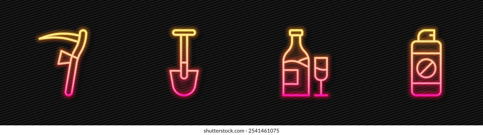 Set line Wine bottle with glass, Scythe, Shovel and Garden sprayer for fertilizer. Glowing neon icon. Vector