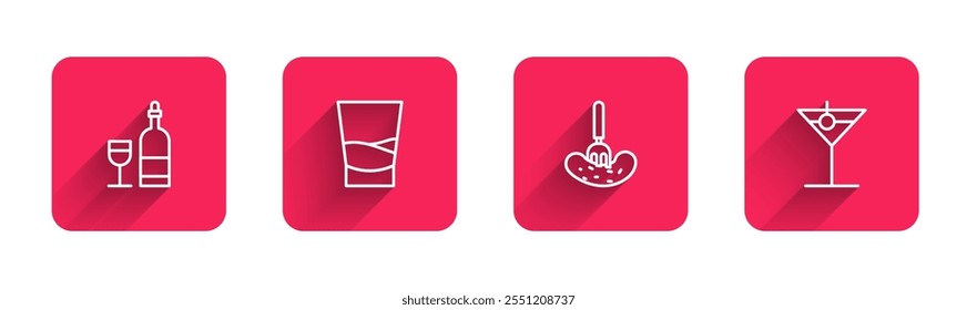 Set line Wine bottle with glass, Glass of vodka, Pickled cucumber on fork and Martini with long shadow. Red square button. Vector