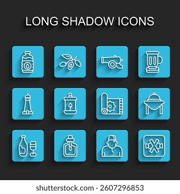 Set line Wine bottle with glass, Perfume, Bottle of water, Muslim man, No sweets, Ramadan Kareem lantern, Table food and Traditional carpet icon. Vector