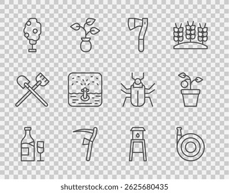 Set line Wine bottle with glass, Garden hose, Wooden axe, Scythe, Tree apple, Automatic irrigation sprinklers, Water tower and Plant pot icon. Vector