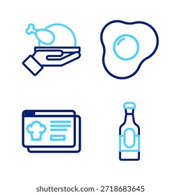 Set line Botella de vino, Pedidos y entrega en línea, huevos revueltos e icono de pollo de pavo asado. Vector