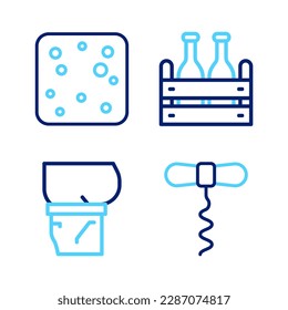 Set line Wine corkscrew, Beer belly, Pack of beer bottles and bubbles icon. Vector