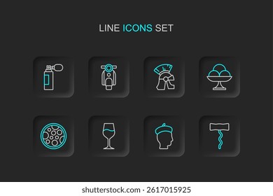 Set line Wine corkscrew, French man, glass, Pizza, Ice cream the bowl, Roman army helmet, Scooter and Perfume icon. Vector