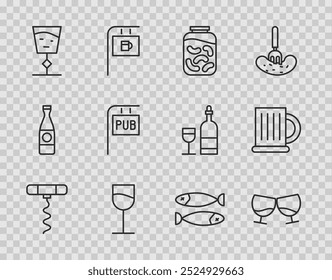 Set line Wine corkscrew, Glass of cognac brandy, Pickled cucumbers jar, glass, Street signboard with Pub, Dried fish and Wooden beer mug icon. Vector