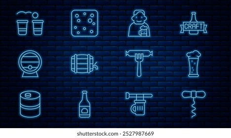 Set line Wine corkscrew, Glass of beer, Happy man with, Wooden barrel on rack, Beer pong game, Sausage the fork and bubbles icon. Vector