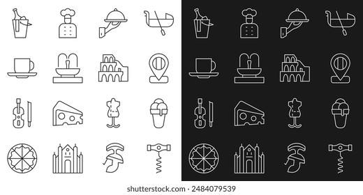 Set line Wine corkscrew, Ice cream, Location flag Italy, Covered with tray of food, Fountain, Coffee cup, Bottle wine bucket and Coliseum Rome icon. Vector