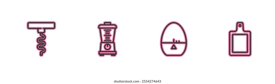 Set line Wine corkscrew, Kitchen timer, Blender and Cutting board icon. Vector