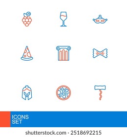 Sacacorchos de vino, pizza, casco del ejército romano, macarrones, rebanada de pizza, columna antigua, máscara de carnaval e icono de vidrio. Vector